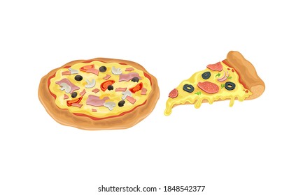 Hot and Round Tasty Pizza and Slice with Melting Cheese Vector Set