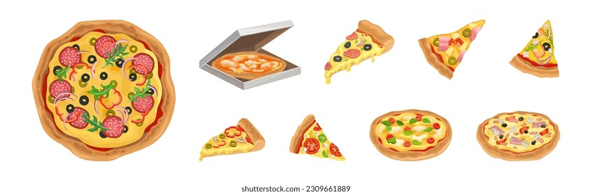 Hot and Round Tasty Pizza and Slice with Melting Cheese Vector Set