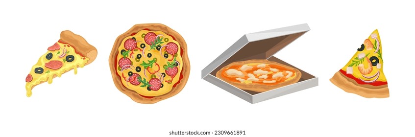 Hot and Round Tasty Pizza and Slice with Melting Cheese Vector Set