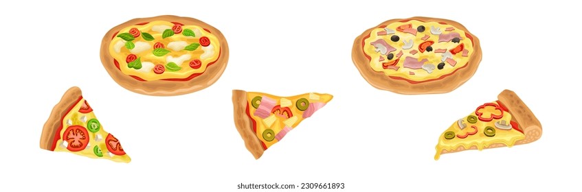 Hot and Round Tasty Pizza and Slice with Melting Cheese Vector Set