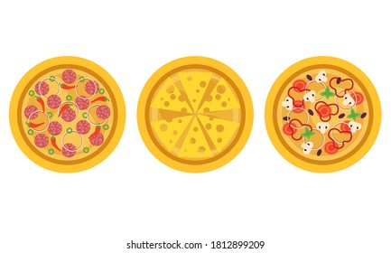 Hot and Round Tasty Pizza Top View Vector Set