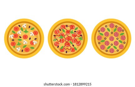 Hot and Round Tasty Pizza Top View Vector Set
