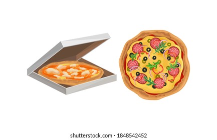 Hot and Round Unsliced Tasty Pizza Vector Set