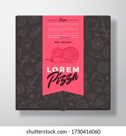 Hot Salami Frozen Pizza Realistic Cardboard Box. Abstract Vector Packaging Design or Label. Modern Typography, Sketch Seamless Food Pattern. Black Paper Background Layout. Isolated.