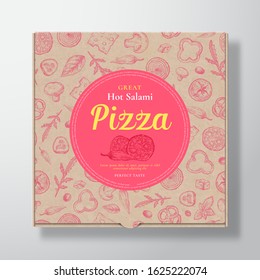 Hot Salami Pizza Realistic Cardboard Box. Abstract Vector Packaging Design or Label. Modern Typography, Sketch Seamless Pattern of Cheese, Tomato, Sausages. Craft Paper Background Layout. Isolated.