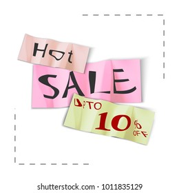 Hot sale up to 10% off. Vector 3d stickers. Banner, poster, flyer. Vector illustration. Wrinkled, crumpled paper. 2018 spring trend summer. Template promotion discount shop shopping cards store copy
