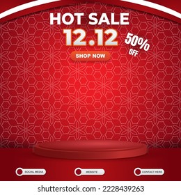 hot sale 12.12 of december social media template banner post with blank space 3d podium for product sale with abstract gradient red background