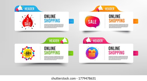 Hot sale, 20% discount and Special offer. Megaphone promotional banner. Discount banner with speech bubble. Gift box badge. Online shopping template with loudspeaker. Promotion sale template. Vector