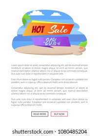 Hot sale 20% off summer discounts web site push buttons, advertisement label on coastline, seashore with sea and sand, sale banner concept vector