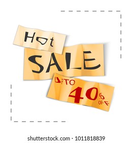 Hot sale up to 40% off. Vector 3d stickers. Vector illustration. Wrinkled, crumpled paper. 2018 spring trend summer. Template promotion discount shop shopping cards store copyspace symbol icon set