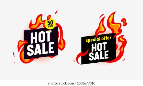 Hot Sale Abstract Banners with Burning Fire and Typography for Social Media Marketing. Special Offer for Shop or Discounter, Shopping Posters in Simple Funky Style, Advertising. Vector Illustration