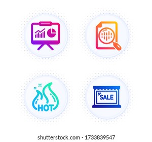 Hot sale, Analytics chart and Presentation icons simple set. Button with halftone dots. Sale sign. Shopping flame, Report analysis, Board with charts. Shopping store. Finance set. Vector