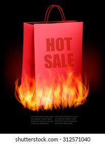 Hot sale background with shopping bag and fire. Vector.
