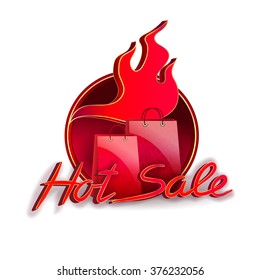 Hot sale background template with flame and shopping bags. Below of vector is located text - hot sale.