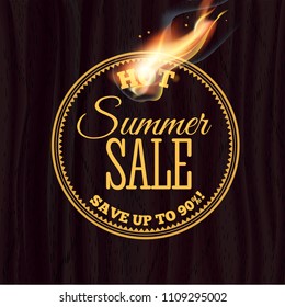 Hot sale badge design template with realistic fire flame on wooden texture. Vector illustration