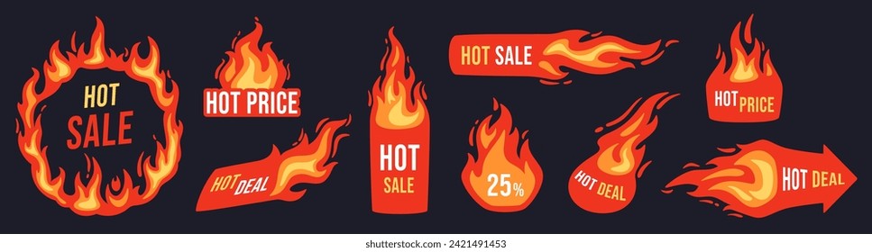 Hot sale badges. Flaming deal banner, hot discount price label and promotional offer tag with fire frame. Store sale sticker, shopping exclusive burn price vector flyer. Selling marketing