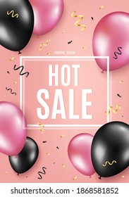 Hot Sale. Balloon celebrate background. Special offer price sign. Advertising Discounts symbol. Birthday balloon background. Celebrate pink banner. Party frame message. Vector