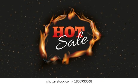 Hot sale banner. Burn discount ads black background. Fire hole with tongues of flame and sparks poster design template. Realistic flame vector illustration