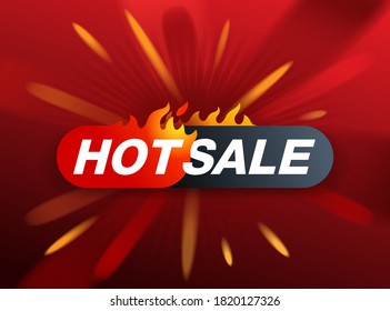 Hot Sale banner with burning text frame and blurry burst on red background - special offers promo flyer or poster element