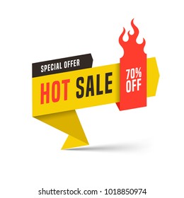 Hot sale banner design template. Flat fire flame speech bubbles special offers discounts vector illustration.