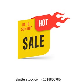 Hot sale banner design template. Flat fire flame speech bubbles special offers discounts vector illustration.
