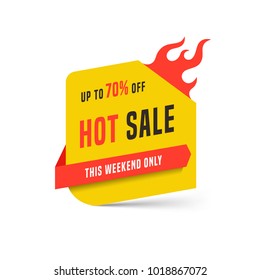 Hot sale banner design template. Flat fire flame speech bubbles special offers discounts vector illustration.