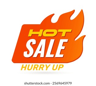 Hot sale banner featuring bold text in orange and yellow with a fiery flame design on a white background. Concept of urgency and promotional advertising. Vector illustration