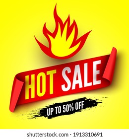 Hot sale banner with fire and red ribbon. Vector illustration.