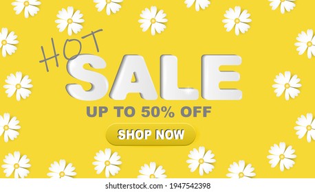 Hot sale banner. Special offer template. A discount. White paper daisies on a yellow background. 3d vector