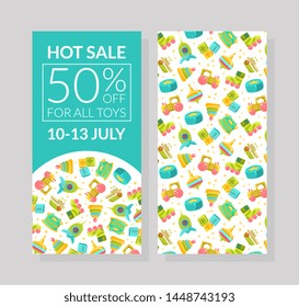Hot Sale Banner Template, 50 Percent Off for All Toys, Design Element with Childish Pattern for Voucher, Flyer, Coupon Vector Illustration