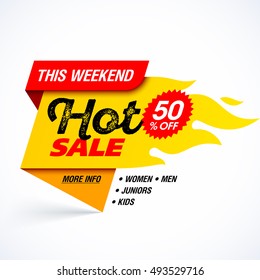 Hot Sale banner. This weekend special offer, big sale, discount up to 50% off. Vector illustration.