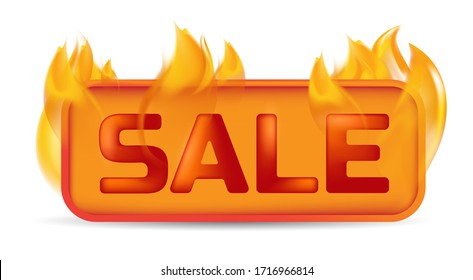 Hot sale banner or website button on fire. Vector illustration of burning price badge, promotion offer, retail special deal or flaming label frame isolated on white background