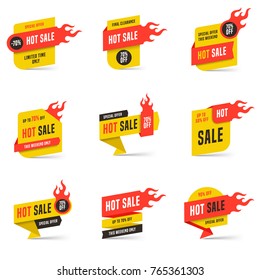 Hot sale banners design templates set. Flat line fire flame speech bubbles special offers discounts vector illustration.