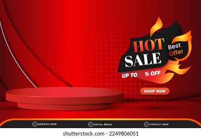 hot sale best offer discount template banner with blank space 3d podium for product sale with abstract gradient red background design