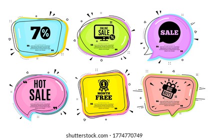 Hot Sale. Big buys, online shopping. Special offer price sign. Advertising Discounts symbol. Quotation bubble. Banner badge, texting quote boxes. Hot sale text. Coupon offer. Vector