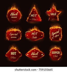 Hot sale burning fire flame black friday shop discount promo offer vector icons