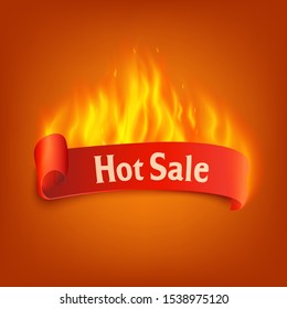 Hot sale - burning red ribbon with text and curling edge with realistic fire on orange background, promotion poster for discount offer with flame metaphor - vector illustration