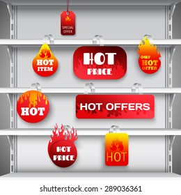 Hot sale clearance discount prices red  wobblers on empty department store display racks advertisement realistic vector illustration