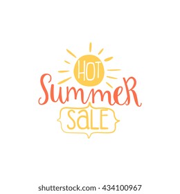 Hot Sale Colorful Ad. Colorful Summer Beach Holiday Promotion Banner. Cool Calligraphic Hand Drawn Vector Advertisement For Travel Agency.