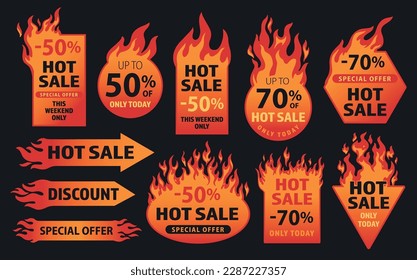 Hot sale colorful set posters for advertising promotion company in social network with burning fire vector illustration