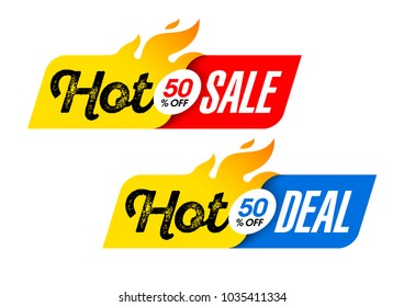 Hot Sale And Hot Deal Banners, Special Offer, Up To 50% Off, Vector Illustration