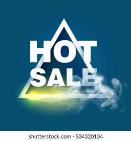 Hot sale design template. Triangle frame with fire and smoke on blue background. Vector illustration.