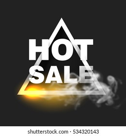 Hot sale design template. Triangle frame with fire and smoke on black background. Vector illustration.