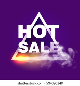 Hot sale design template. Triangle frame with fire and smoke on violet background. Vector illustration.