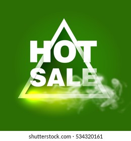 Hot sale design template. Triangle frame with fire and smoke on green background. Vector illustration.