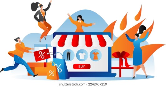 Hot sale, discount banner vector illustration. Man woman character buy goods with special offer price, advertising shop flyer with people.