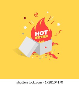 Hot sale discount symbol with open gift and flame. Easy to use for your sale promotion.