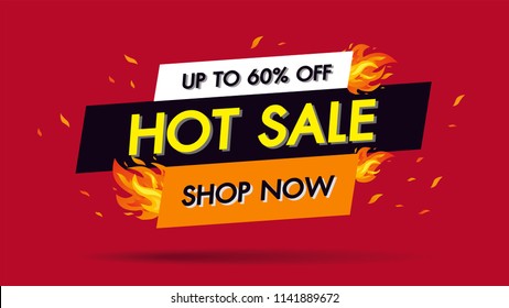 Hot Sale Fire Burn template banner concept design, Big sale special 60% offer.End of season special offer banner shop now. vector illustration.