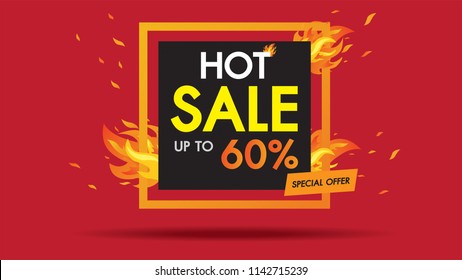 Hot Sale Fire Template design square banner with Special sale.Black card for offer with frame fire graphic design concept.Advertising poster layout with flame border on white background. Vector.