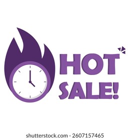 HOT SALE. Flaming clock shape. Purple time icon. Vector discount label.
